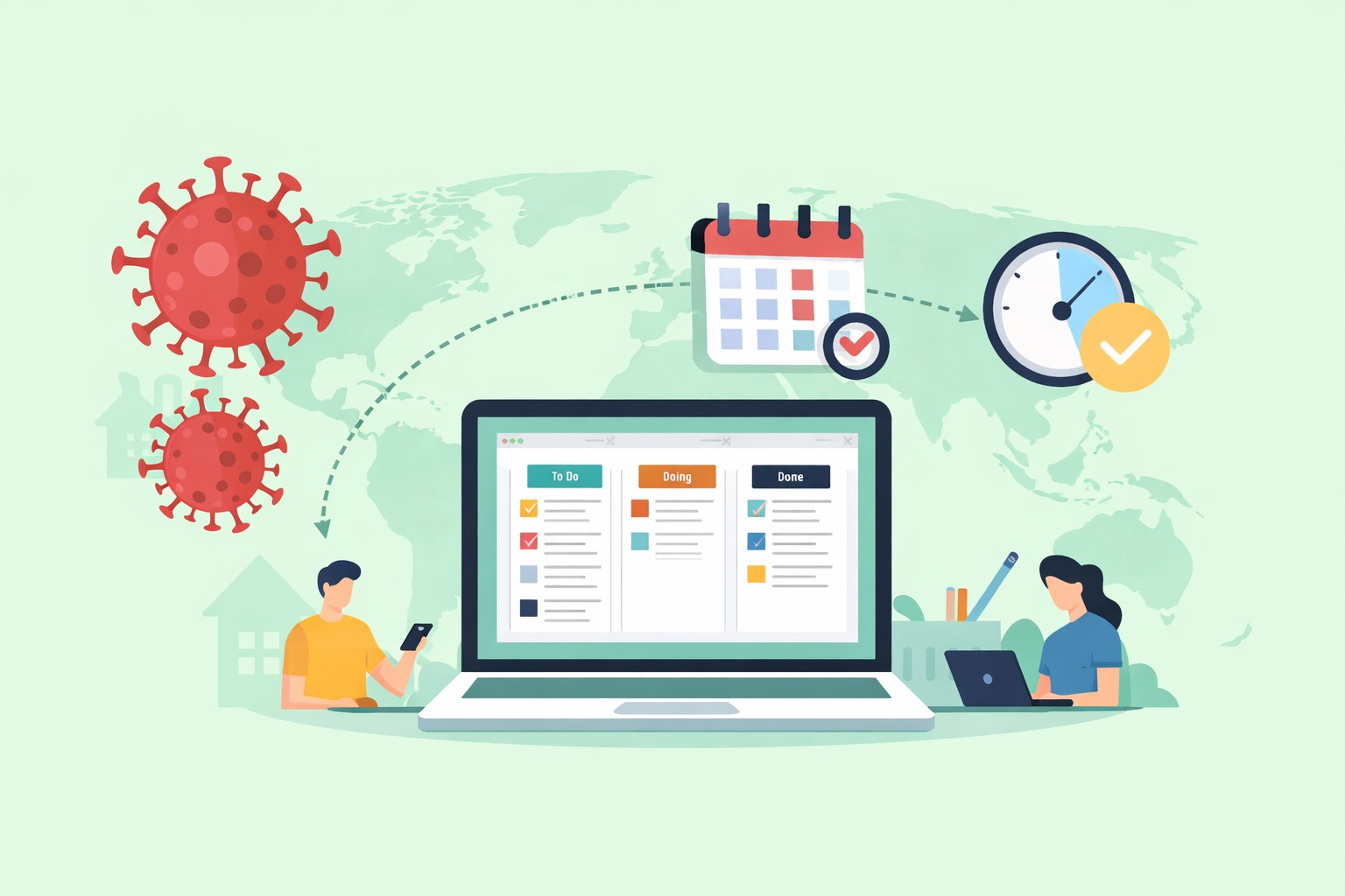 Illustration showing the rise of task management tools during Covid-19, with remote teams using software dashboards, calendars, and time tracking to manage work efficiently.